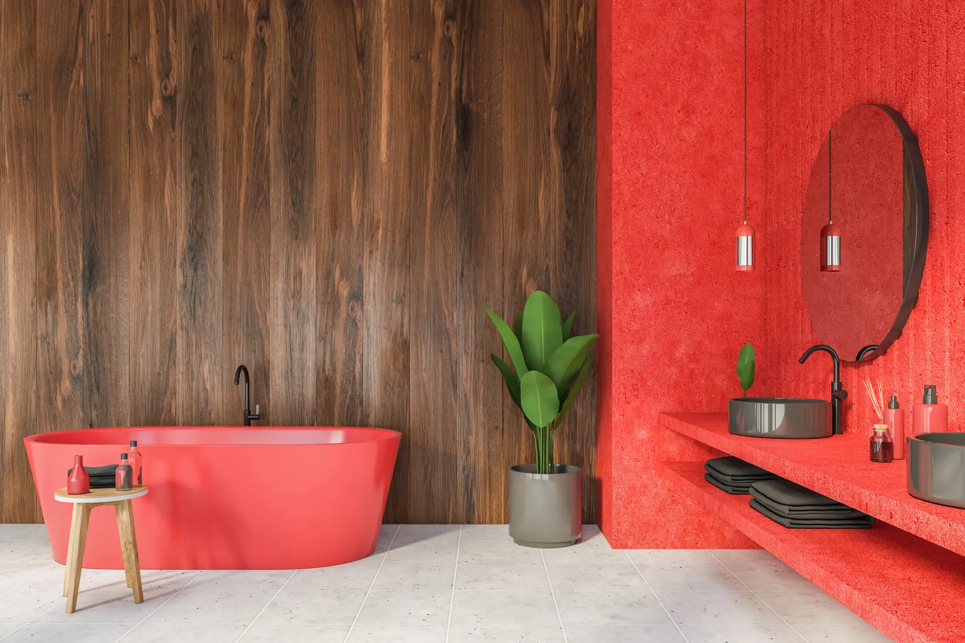 Red and wooden bathroom with tub and sink